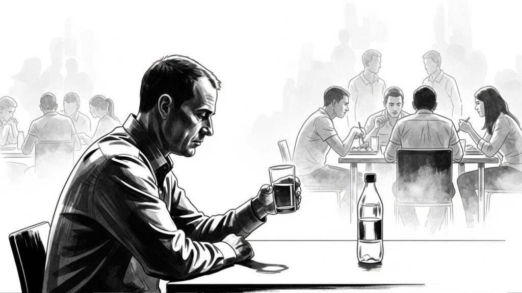 A modern middle-aged man sits alone at a table in the company cafeteria, holding a single glass