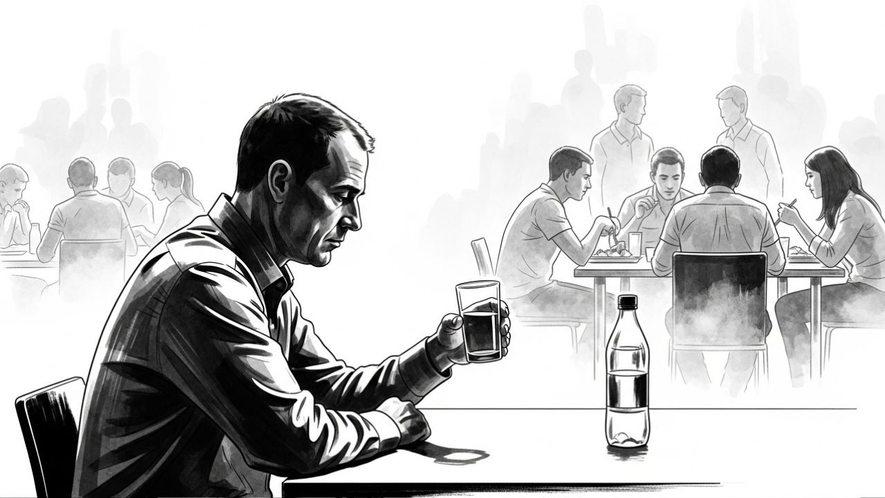 A modern middle-aged man sits alone at a table in the company cafeteria, holding a single glass