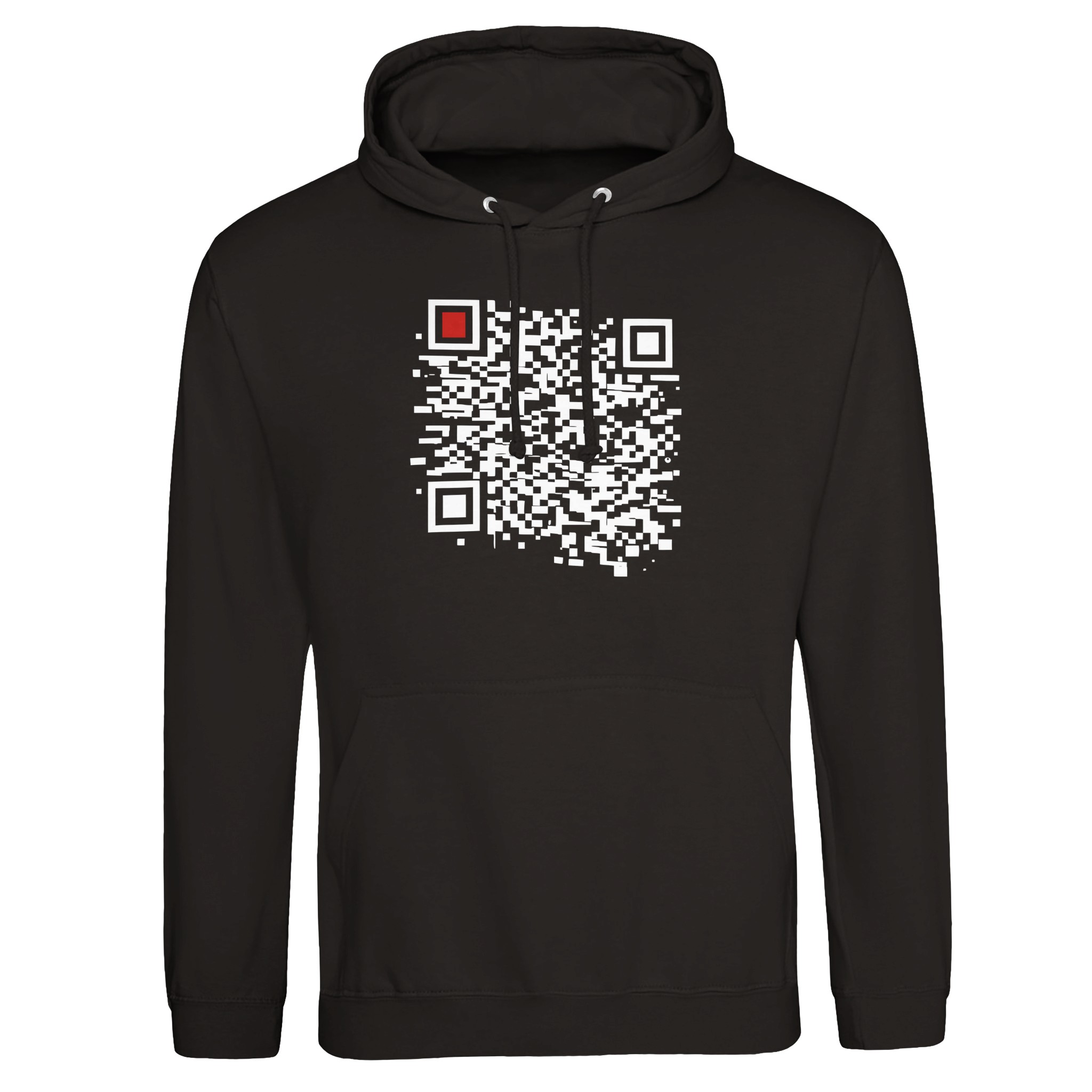 Order and Chaos pullover hoodie by Casual Clash in deep black with white segmented grid and red square