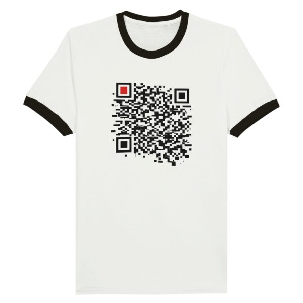 Order and Chaos ringer T-shirt by Casual Clash in white and black with black segmented grid and red square