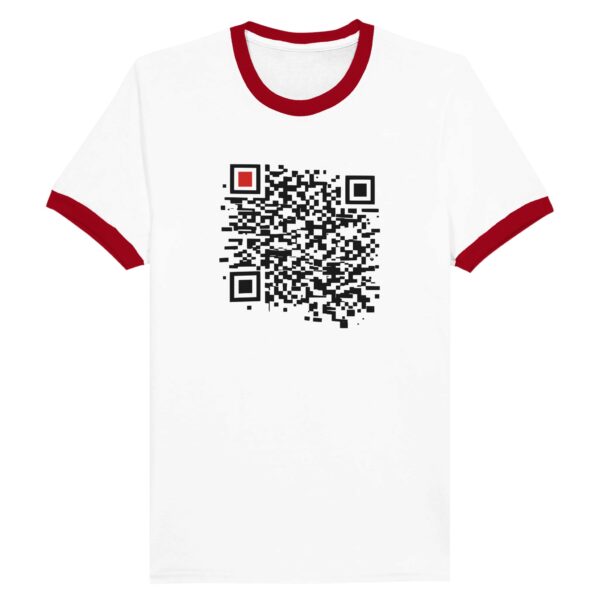 Order and Chaos ringer T-shirt by Casual Clash in white and red with black segmented grid and red square