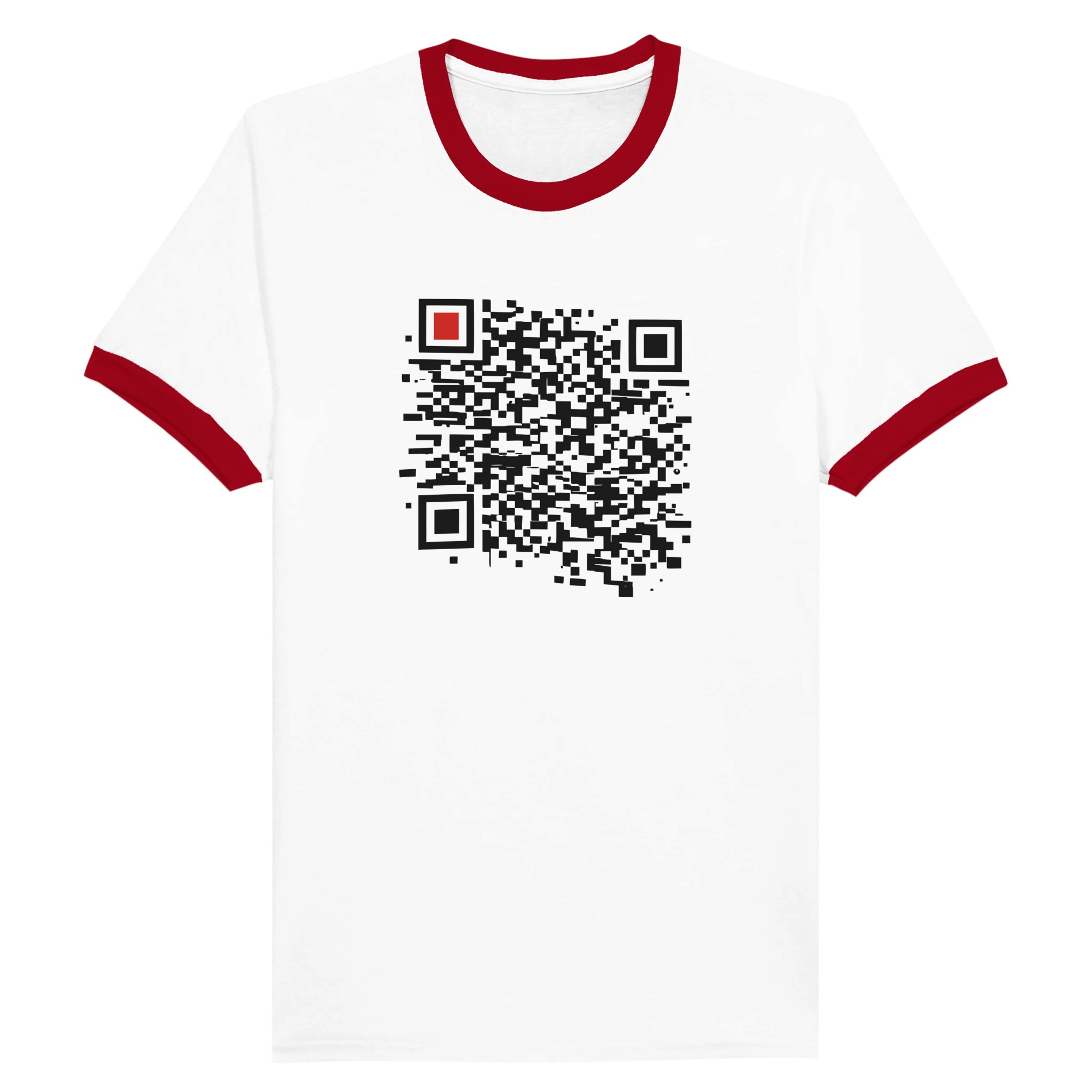 Order and Chaos ringer T-shirt by Casual Clash in white and red with black segmented grid and red square