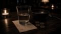 A table with a water glass partly covering a receipt, four coins, and a bowl in the background