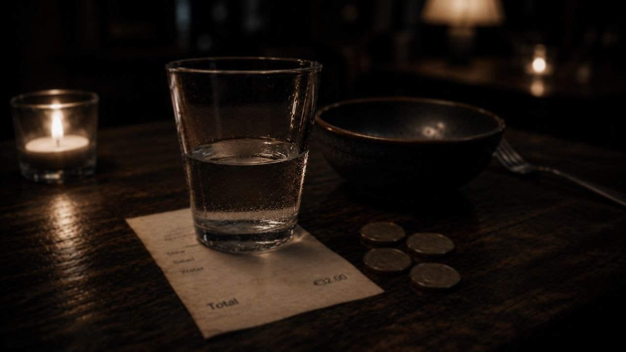 A table with a water glass partly covering a receipt, four coins, and a bowl in the background