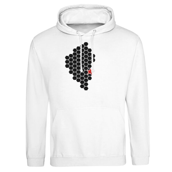 Activity and Rest pullover hoodie by Casual Clash in arctic white featuring a hexagonal pattern and a red star