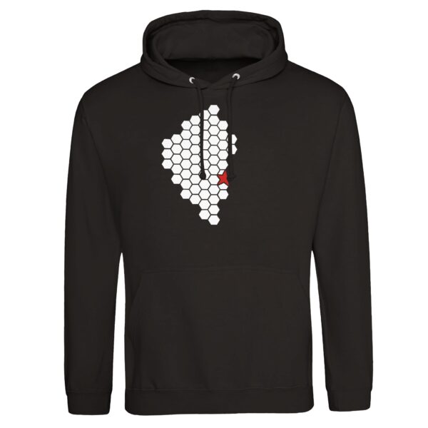 Activity and Rest pullover hoodie by Casual Clash in deep black featuring a hexagonal pattern and a red star