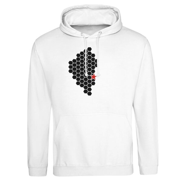 Activity and Rest pullover hoodie by Casual Clash in arctic white featuring black hexagonal pattern and red star