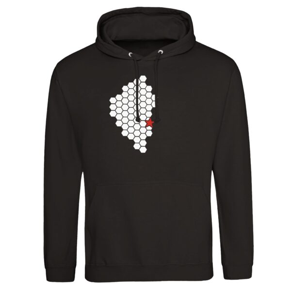 Activity and Rest pullover hoodie by Casual Clash in deep black featuring white hexagonal pattern and red star