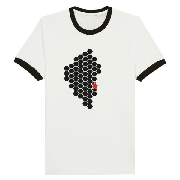 Activity and Rest ringer T-shirt by Casual Clash in white and black featuring a hexagonal pattern and a red star
