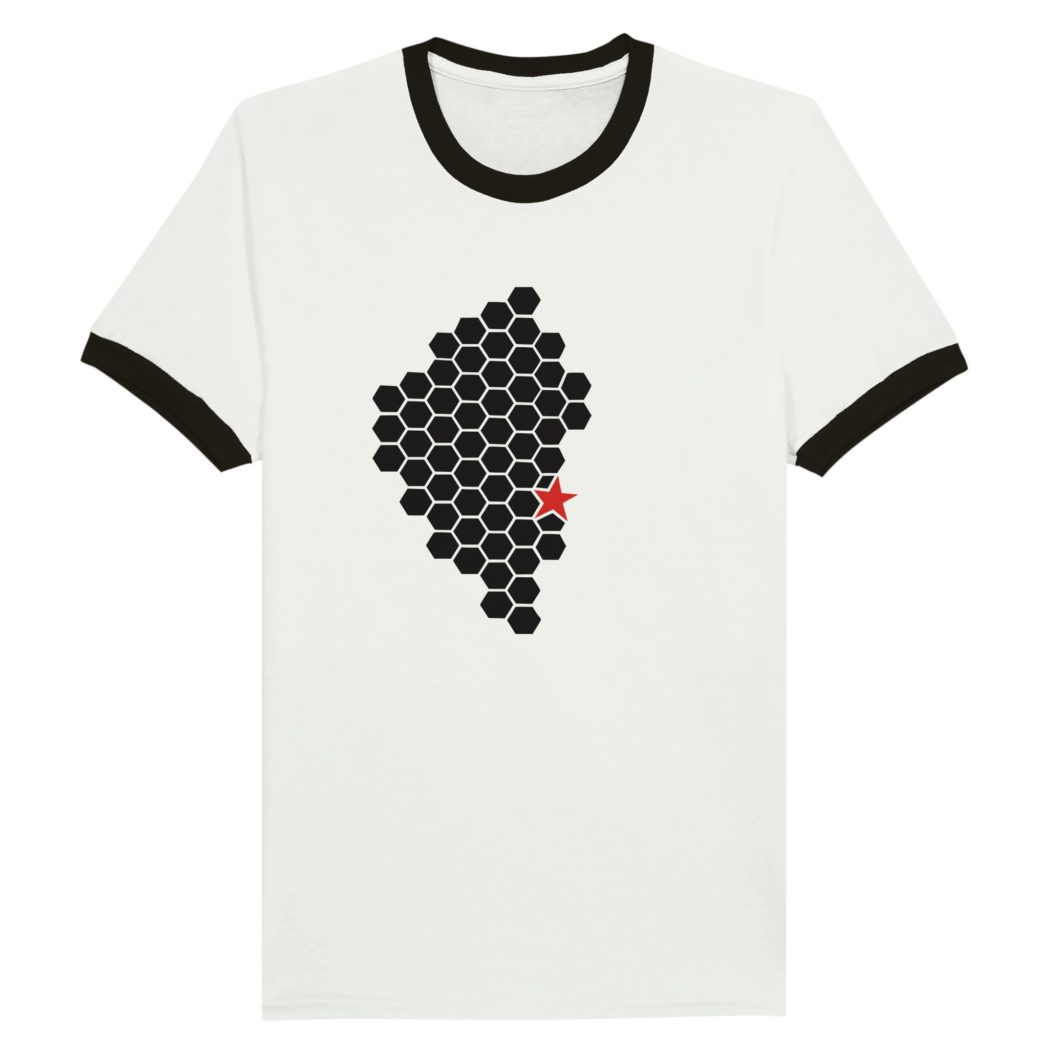 Activity and Rest ringer T-shirt by Casual Clash in white and black featuring a hexagonal pattern and a red star