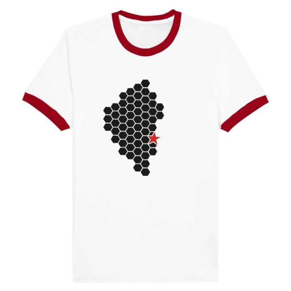 Activity and Rest ringer T-shirt by Casual Clash in white and red featuring a hexagonal pattern and a red star