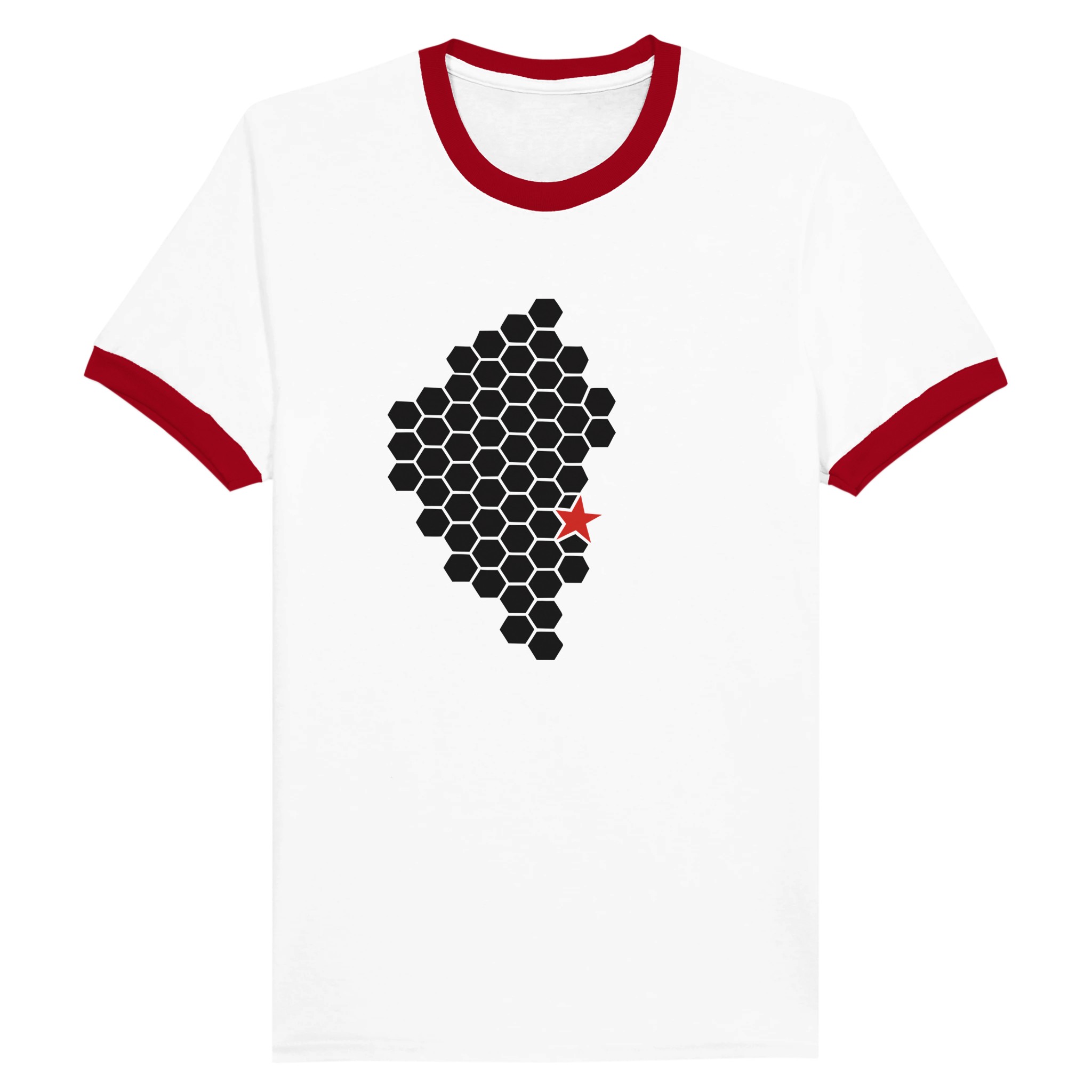Activity and Rest ringer T-shirt by Casual Clash in white and red featuring a hexagonal pattern and a red star