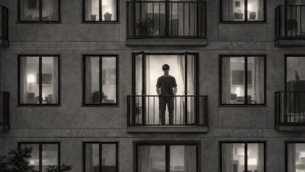 A man standing inside an open balcony doorway at night, seen from outside an apartment building