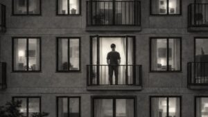 A man standing inside an open balcony doorway at night, seen from outside an apartment building