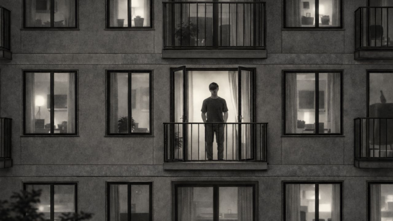 A man standing inside an open balcony doorway at night, seen from outside an apartment building
