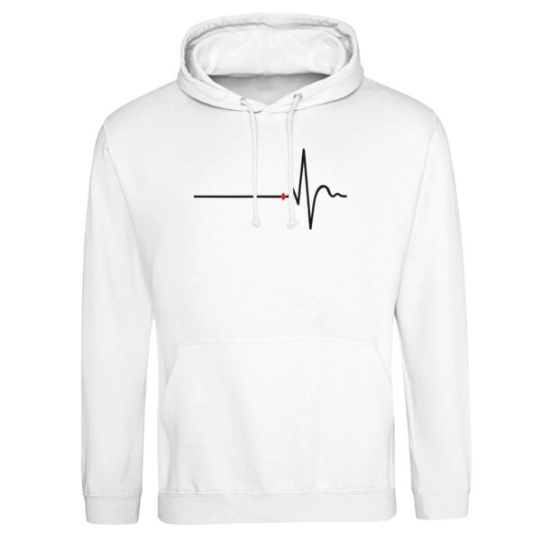 Awake and Asleep pullover hoodie by Casual Clash in arctic white featuring a horizontal line, a sharp peak, and a red diamond