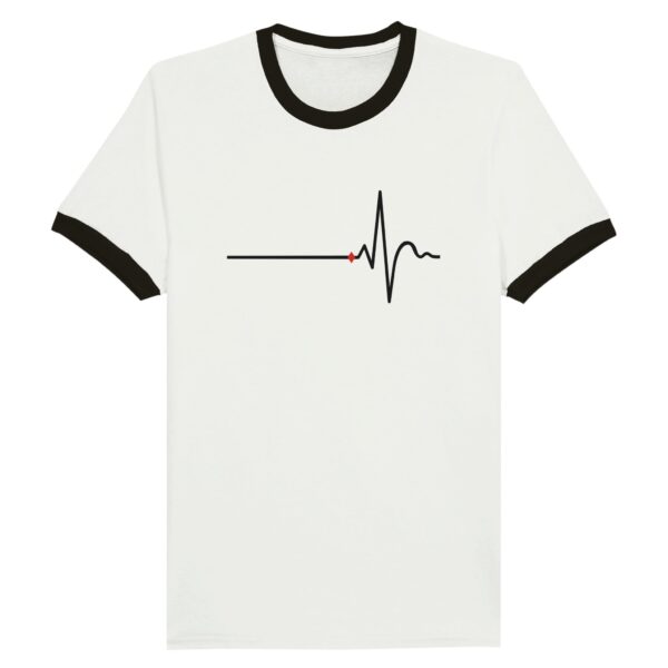 Awake and Asleep ringer T-shirt by Casual Clash in white and black featuring a horizontal line, a sharp peak, and a red diamond