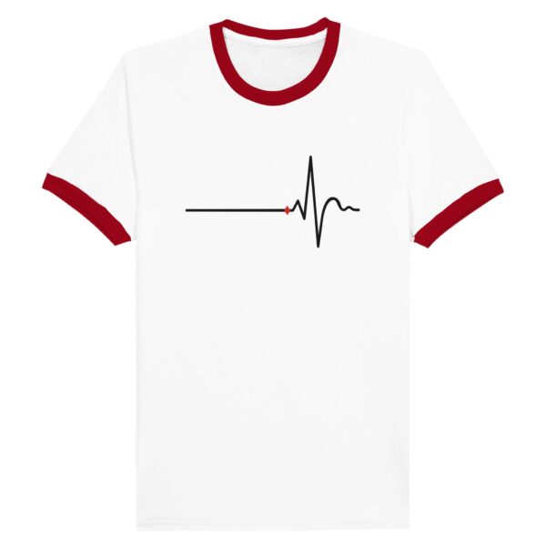 Awake and Asleep ringer T-shirt by Casual Clash in white and red featuring a horizontal line, a sharp peak, and a red diamond