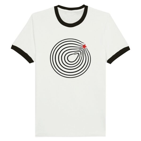 Comfort and Growth ringer T-shirt by Casual Clash in white and black featuring circular lines and a red star