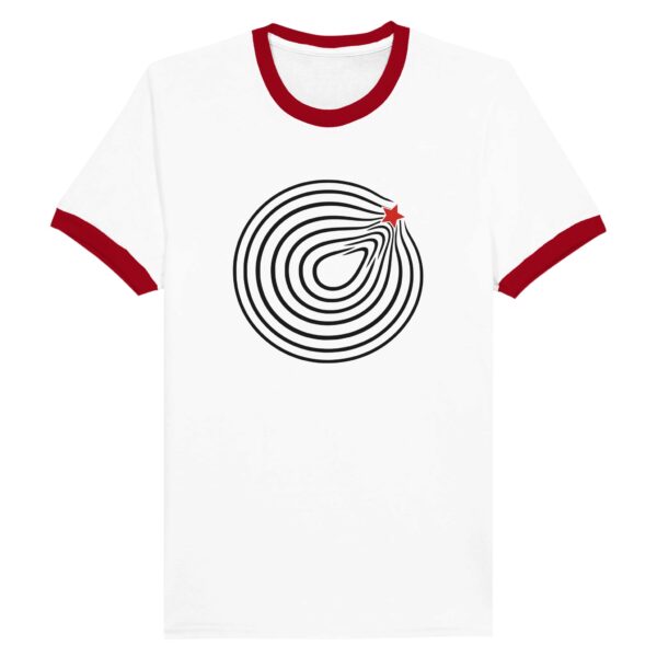 Comfort and Growth ringer T-shirt by Casual Clash in white and red featuring circular lines and a red star
