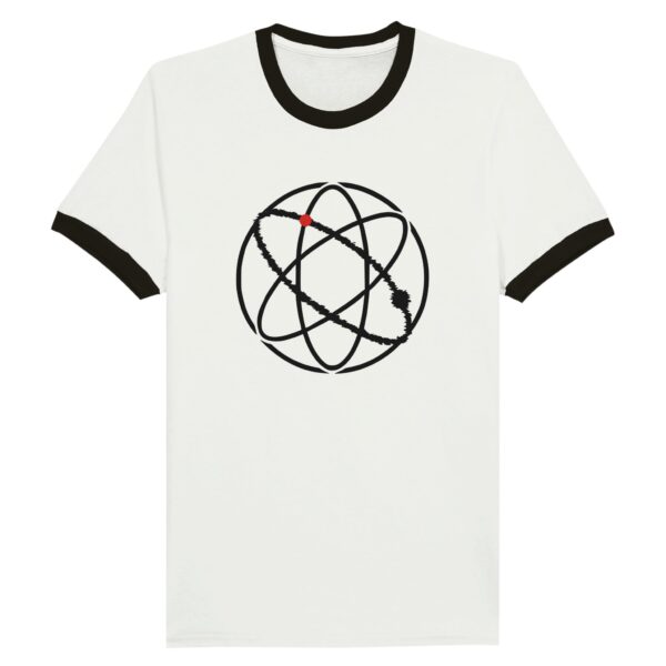 Ego and Awareness ringer T-shirt by Casual Clash in white and black featuring three ovals and a red circle