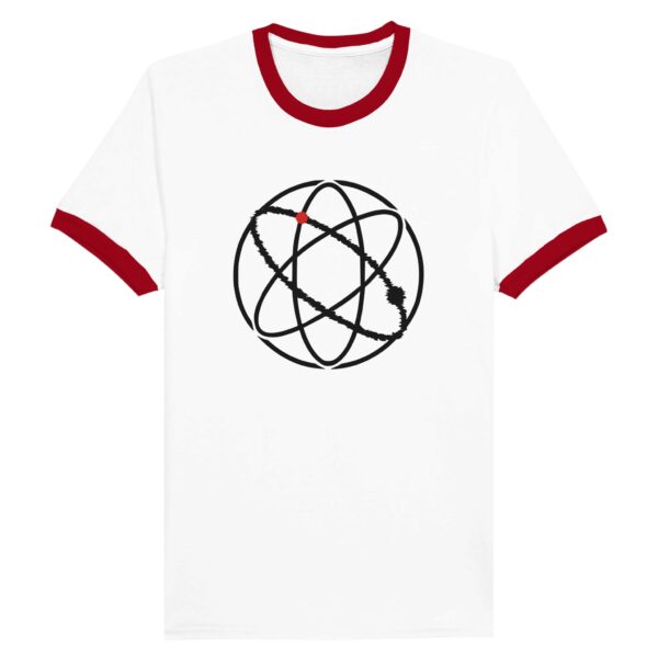 Ego and Awareness ringer T-shirt by Casual Clash in white and red featuring three ovals and a red circle