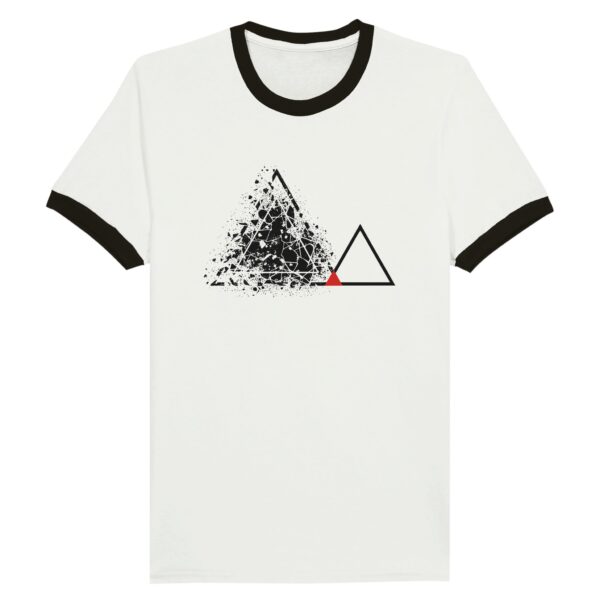 Fear and Courage ringer T-shirt by Casual Clash in white and black featuring fractured and clean triangles