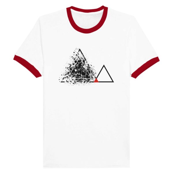 Fear and Courage ringer T-shirt by Casual Clash in white and red featuring fractured and clean triangles