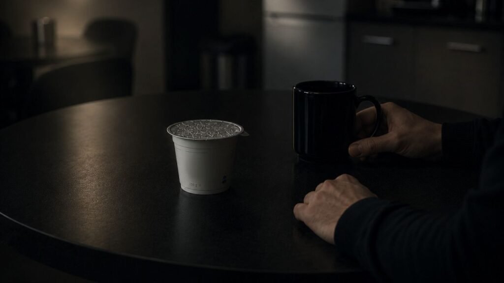 A sealed yogurt sits on a dark break room table while a seated person holds the mug