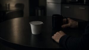 A sealed yogurt sits on a dark break room table while a seated person holds the mug