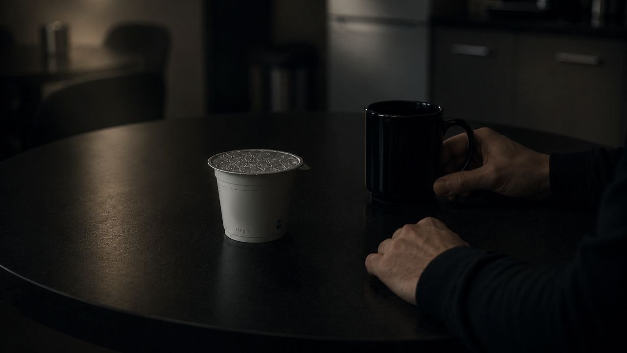 A sealed yogurt sits on a dark break room table while a seated person holds the mug