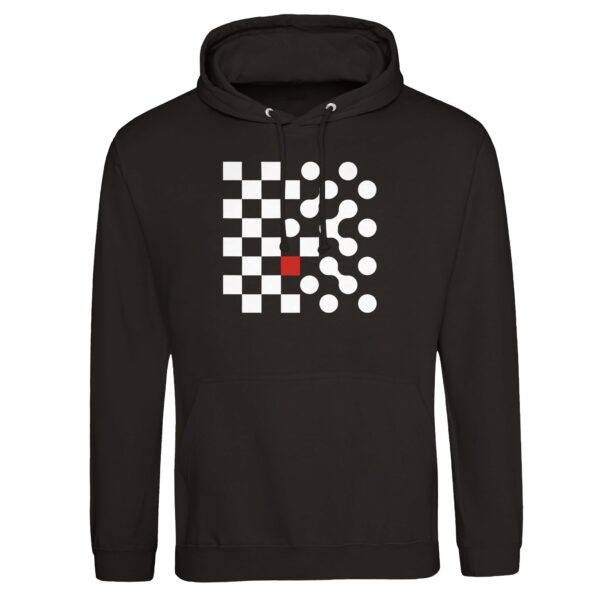 Logic and Emotion pullover hoodie by Casual Clash in deep black featuring a grid of squares and circles