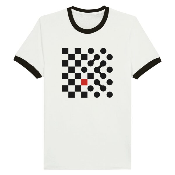 Logic and Emotion ringer T-shirt by Casual Clash in white and black featuring a grid of squares and circles
