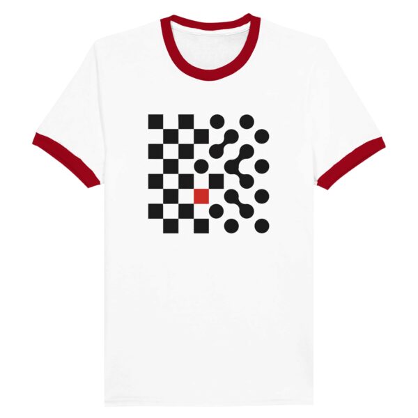 Logic and Emotion ringer T-shirt by Casual Clash in white and red featuring a grid of squares and circles