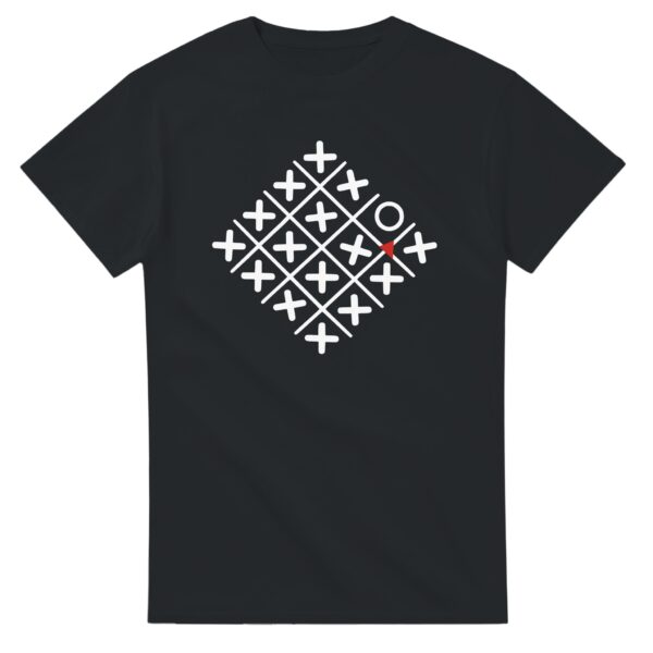 Loneliness and Belonging essential T-shirt by Casual Clash in black with a diamond grid of crosses, one circle, and a red triangle
