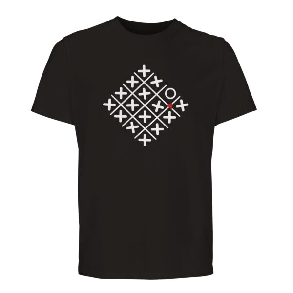 Loneliness and Belonging essential T-shirt by Casual Clash in deep black with a diamond grid of crosses, one circle, and a red triangle