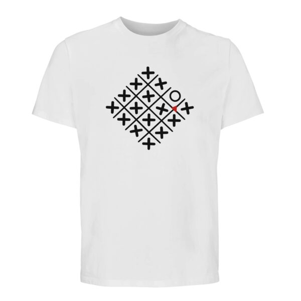 Loneliness and Belonging essential T-shirt by Casual Clash in white with a diamond grid of crosses, one circle, and a red triangle