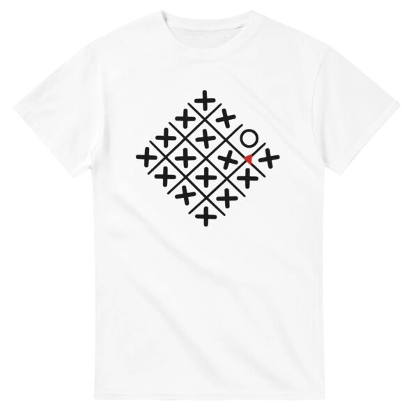 Loneliness and Belonging essential T-shirt by Casual Clash in white with a diamond grid of crosses, one circle, and a red triangle