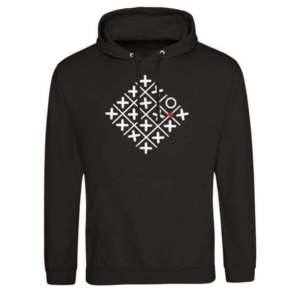 Loneliness and Belonging pullover hoodie by Casual Clash in deep black featuring a diamond grid of crosses, one circle, and a red triangle