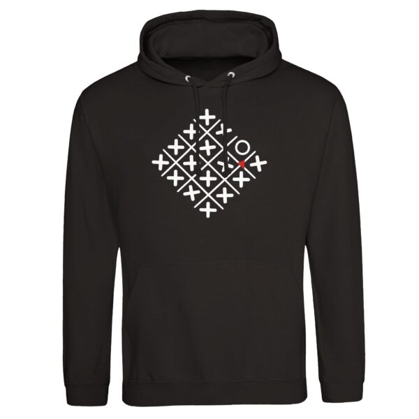 Loneliness and Belonging pullover hoodie by Casual Clash in deep black with a diamond grid of crosses, one circle, and a red triangle