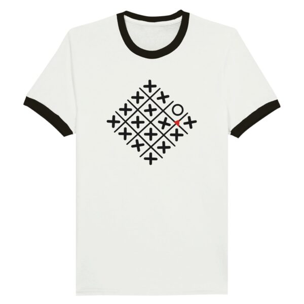 Loneliness and Belonging ringer T-shirt by Casual Clash in white and black with a diamond grid of crosses, one circle, and a red triangleLoneliness // Belonging – Ringer T-shirt | Casual Clash