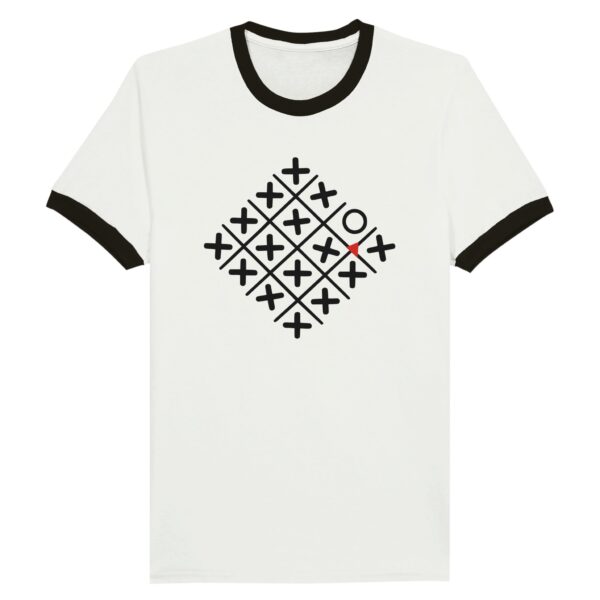 Loneliness and Belonging ringer T-shirt by Casual Clash in white and black featuring a diamond grid of crosses, one circle, and a red triangle