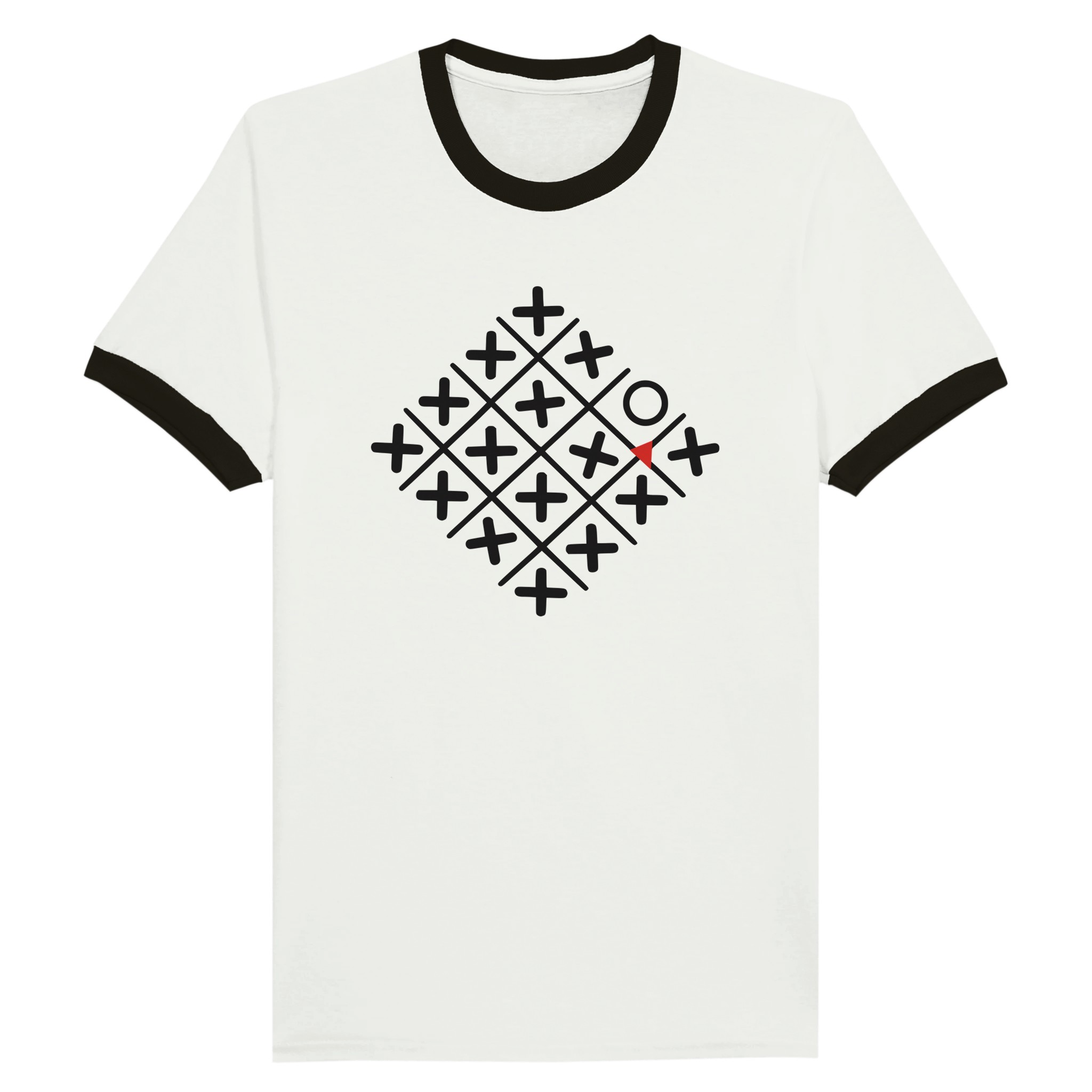 Loneliness and Belonging ringer T-shirt by Casual Clash in white and black featuring a diamond grid of crosses, one circle, and a red triangle