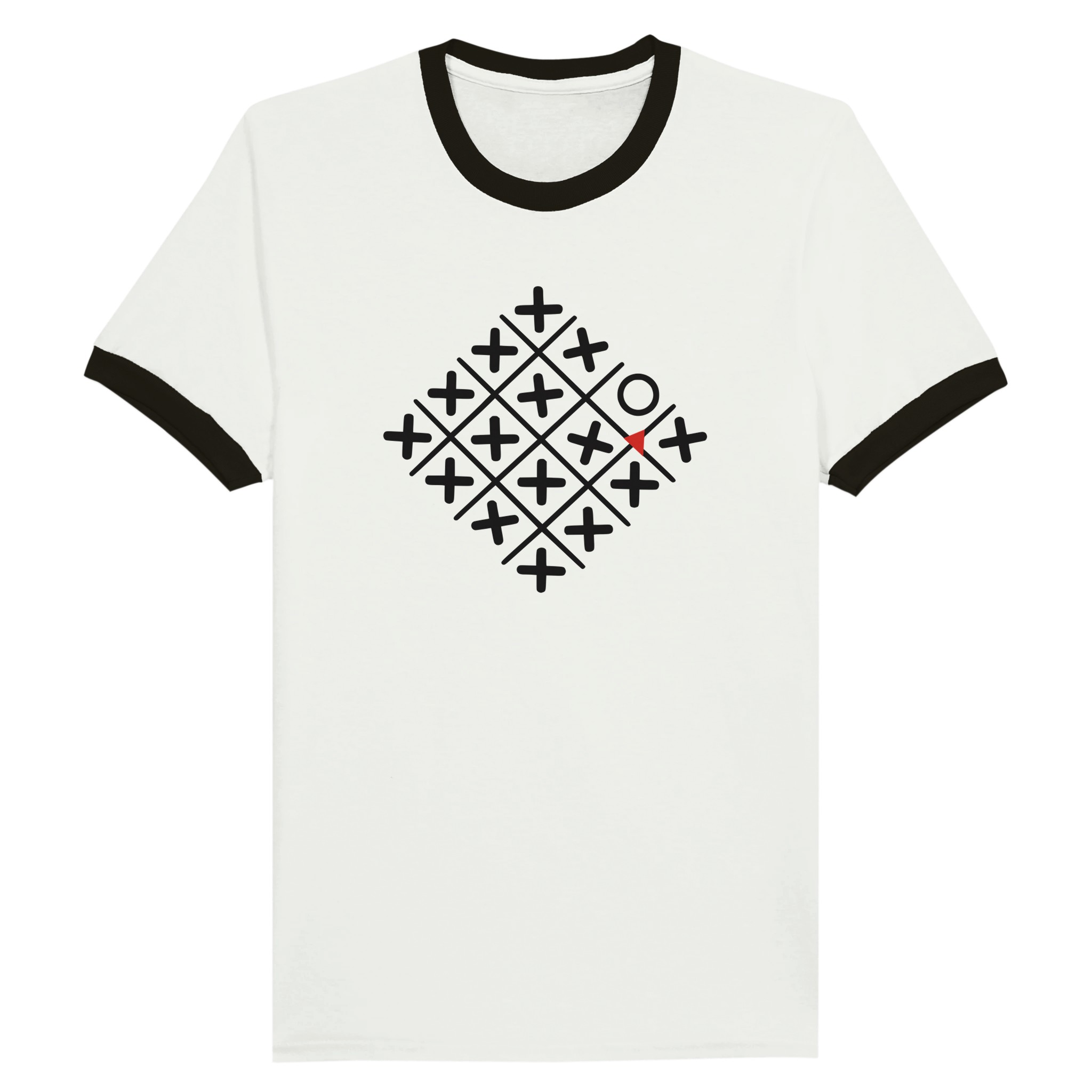 Loneliness and Belonging ringer T-shirt by Casual Clash in white and black with a diamond grid of crosses, one circle, and a red triangleLoneliness // Belonging – Ringer T-shirt | Casual Clash