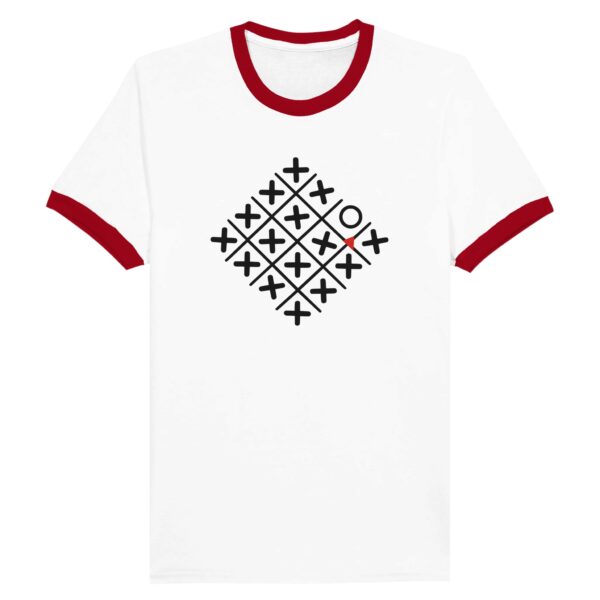 Loneliness and Belonging ringer T-shirt by Casual Clash in white and red with a diamond grid of crosses, one circle, and a red triangle