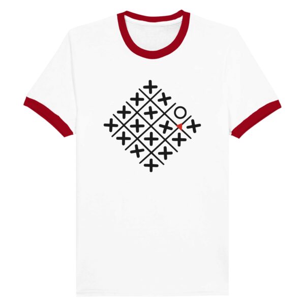 Loneliness and Belonging ringer T-shirt by Casual Clash in white and red featuring a diamond grid of crosses, one circle, and a red triangle