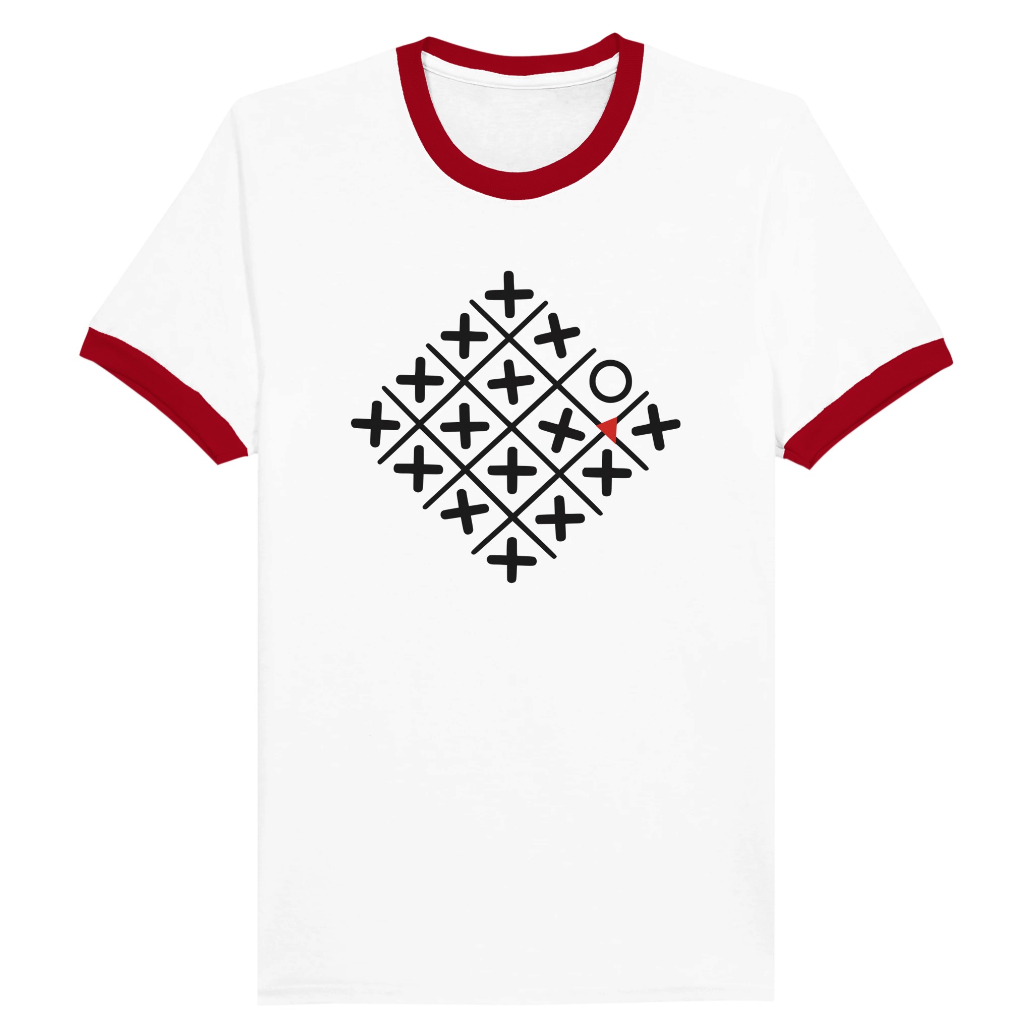 Loneliness and Belonging ringer T-shirt by Casual Clash in white and red featuring a diamond grid of crosses, one circle, and a red triangle