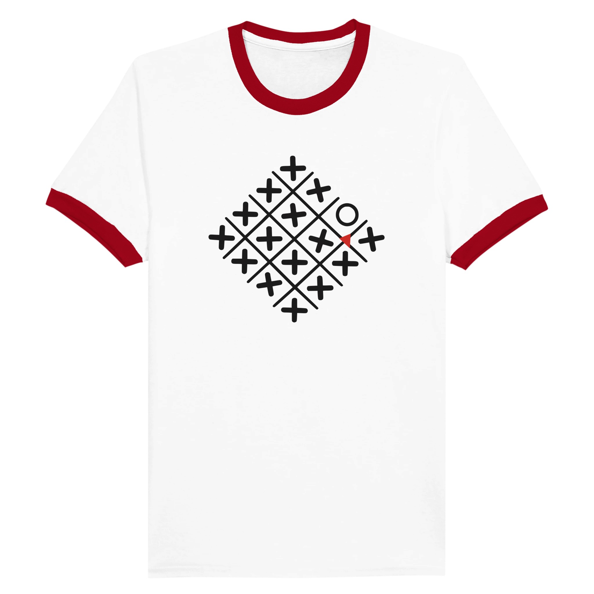 Loneliness and Belonging ringer T-shirt by Casual Clash in white and red with a diamond grid of crosses, one circle, and a red triangle