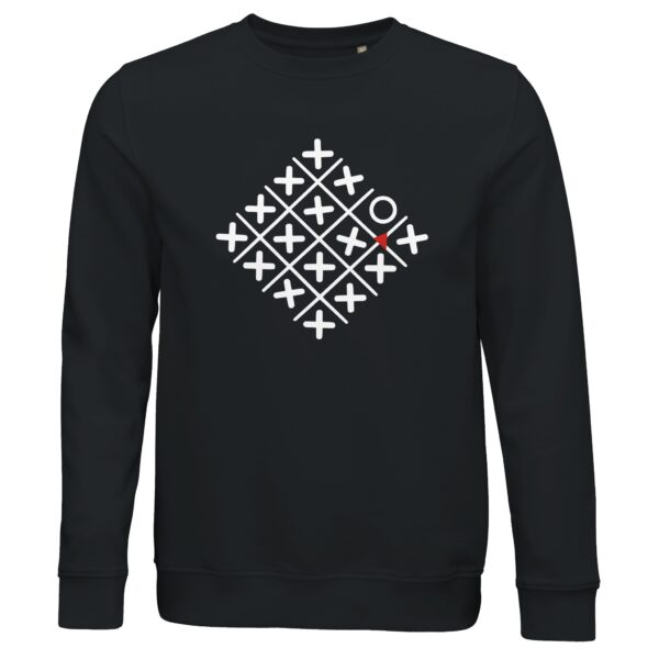 Loneliness and Belonging sweatshirt by Casual Clash in black with a diamond grid of crosses, one circle, and a red triangle