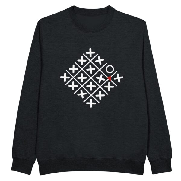 Loneliness and Belonging sweatshirt by Casual Clash in black featuring a diamond grid of crosses, one circle, and a red triangle